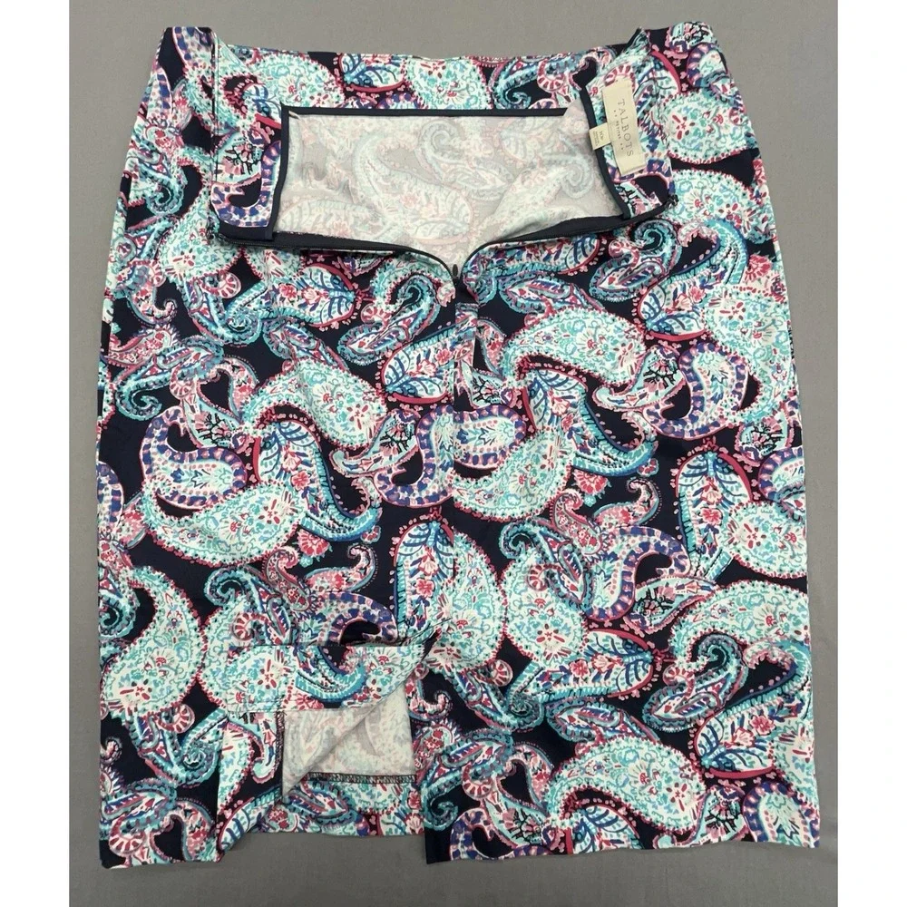 Talbots Pencil Skirt 10P‎ Blue Paisley Cotton Stretch Preppy Coastal Artsy